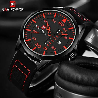 NAVIFORCE NF9074 Black & Red Dial Leather Analog Watch (P02053)